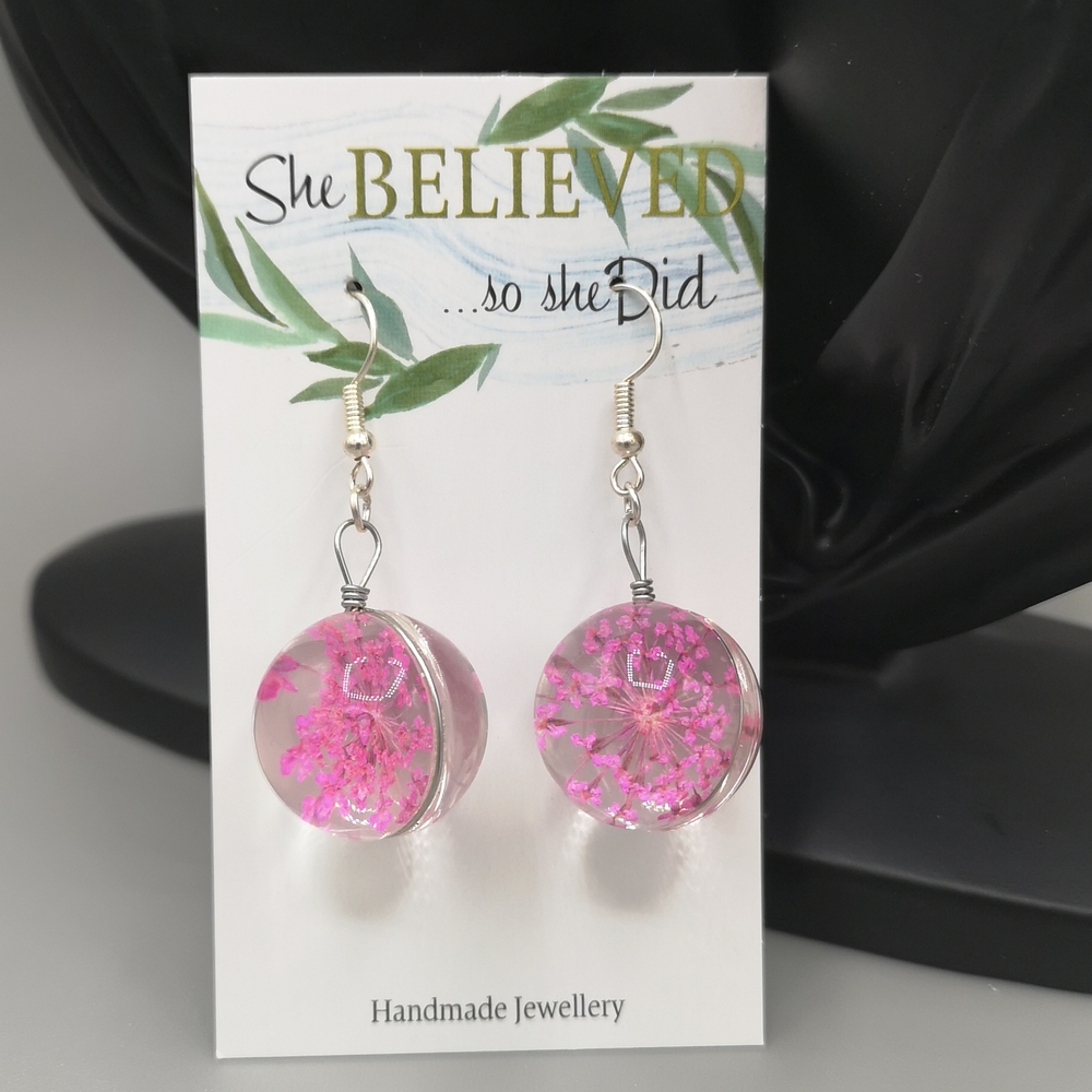 REAL Pink Flower Glass Bead Earrings
